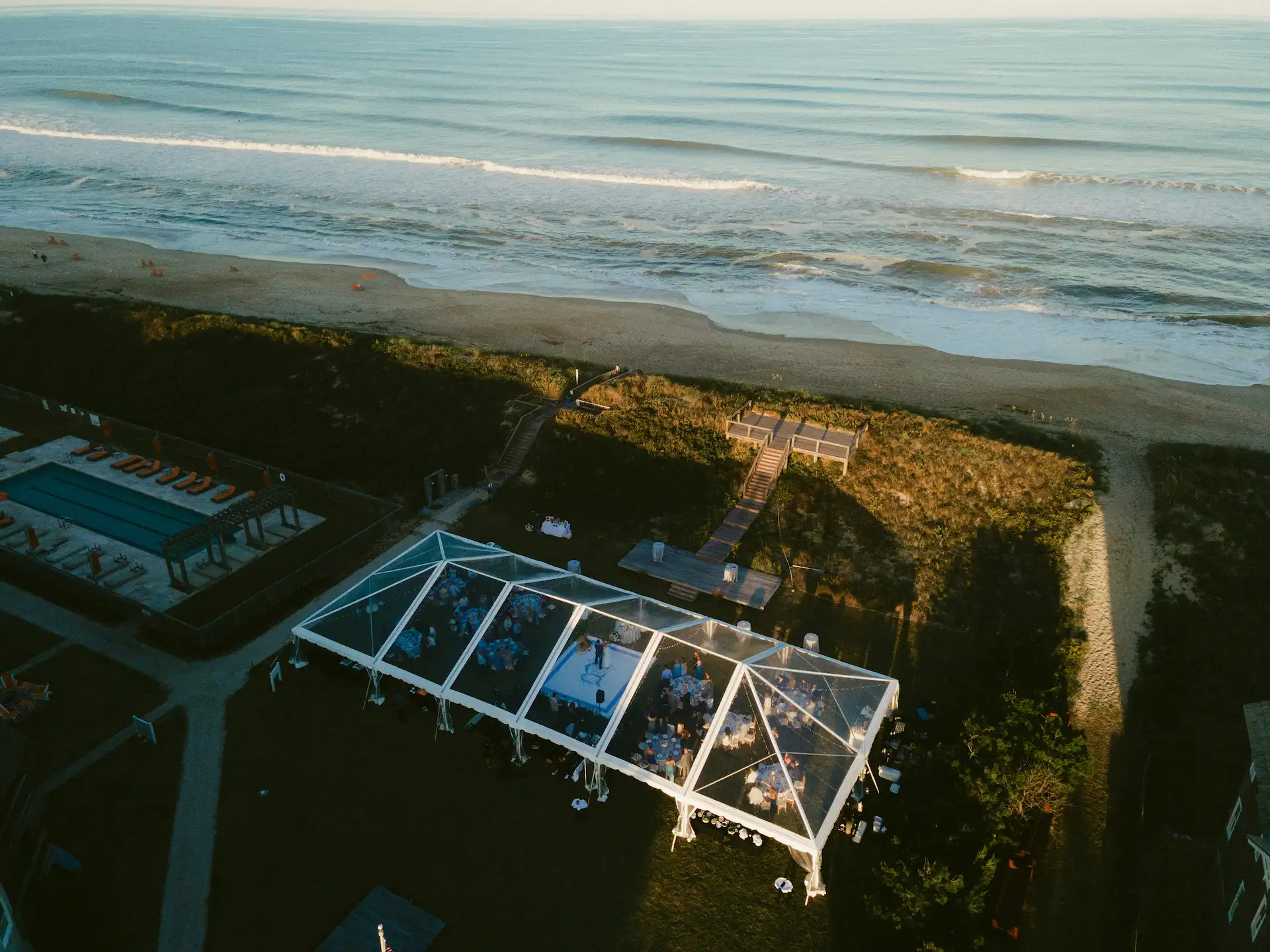 Aerial view of The Lawn beach at The Sanderling Resort