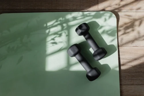 Yoga mat and dumbbells on floor with shadow sunlight. Fitness, wellness and home work out concept. High angle view with copy space